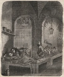 夜のブレストのバーゲン。ピエール・ザッコーネ（1817-1895）の『Histoire des bagnes depuis leur création à nos jours』（1877年）に掲載されている版画（Colonia Penale - Penal colony）。プライベートコレクション