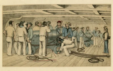 "British naval gunners on gun deck" Anonymous lithograph circa 1850 Dim 21,9x28,6 cm Private Collection