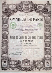 パリのオムニバスで500フランの資本金シェア、20世紀のColl.シェア