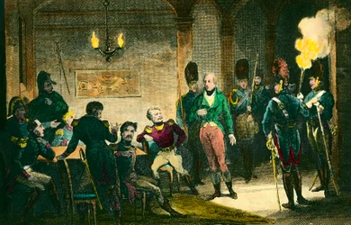アンギャン公ルイ・ド・ブルボン（1772-1804）の事件：第一総領事ナポレオン・ボナパルトと共謀した疑いのある公爵の裁判の様子。1804年のエングレーヴィング。個人コレクション - The Judgem