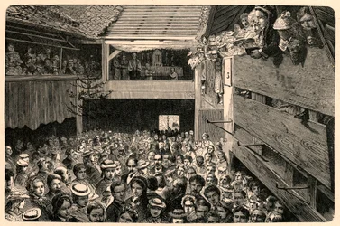 1874年にスイスのポラントリュイで行われたカトリック礼拝の祝典、写真をもとに作成。Louis-Eugene (Louis Eugene) Louvet著「Les Missions Catholiques au XIXeme Siecle」に掲載されたエングレーヴィング。個人蔵。