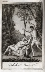 セファレとプロクリス（Cephalus）のカップルの恋人同士。Charles Albert Demoustier (1760-1801)の「Lettres a Emilie sur la mythologie」の1819年のエングレーヴィング。個人蔵。