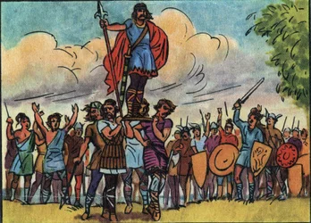 クロヴィス（481年から511年までのフランク族の王）は、陣地を巡っている間、ブルワーク（盾）に乗せて運んでいたサリアンたちによって王に選ばれた。Collection des souverains et chefs d