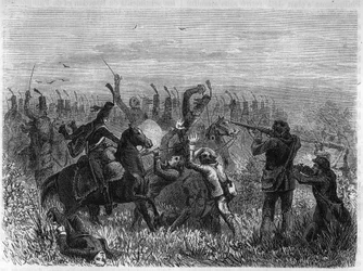 Vendeensの完全な破壊。1793年12月のサヴネの戦い。1866年のアドルフ・ティエール著「フランス革命史」に掲載された版画。個人蔵。