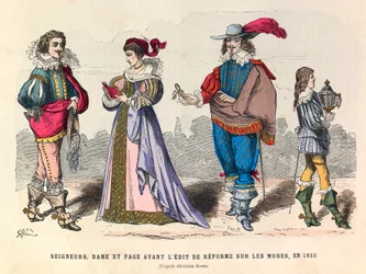1633年にパリで行われたファッション改革の編集前の貴族、婦人、ページのコスチューム - 個人蔵