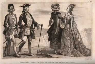ルイ15世の治世末期（1770年）のコスチューム。1859年に出版された「Le Monde」に掲載された版画。M. E. de Lostalot-Bachoue (Lostalot Bachoue)による「最も遠い時代から現代までの全民族の歴史」。個人蔵。