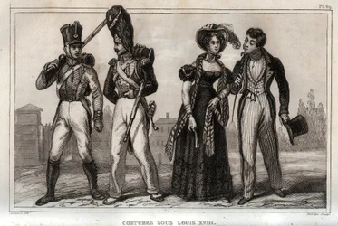 ルイ18世時代のコスチューム。1859年の「Le Monde」に掲載された版画。M. E. de Lostalot-Bachoue (Lostalot Bachoue)による「最も遠い時代から現代までの全民族の歴史」に掲載された1859年の作品。個人蔵。