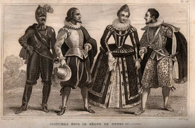 ヘンリー4世統治下のコスチューム（1590年）。1859年のEngraving in "Le Monde.M. E. de Lostalot-Bachoue (Lostalot Bachoue)による「最も遠い時代から現代までの全民族の歴史」。個人蔵。