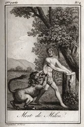 狼に食い殺されたミロン・ド・クロトン（クロトンのミロ）の死。Charles Albert Demoustier (1760-1801)の「Lettres a Emilie sur la mythologie」に掲載された1819年の版画。個人蔵。