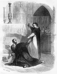 The Inquisitor Pedro (Peter) of Arbues (1441/1442 - 1485)の死は、1485年9月にサラゴサ（Zaragoza）のカテドラルで行われた。Mysteres of the Inquisition and Other Secret Societies of Spain" by Victor de Fereal, Suberwick, Manuel Galo の挿絵。