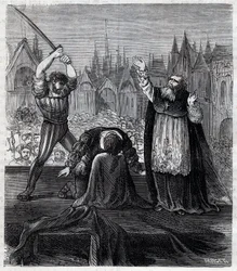 エグモント伯爵とホルンの断頭台（1568年）オランダでのスペインの暴政の際にブリュッセルで行われた - Four Twenty Years (1568-1648) War of Four Twenty Years (1568-1648): オランダの政治家であるエグモント伯爵、ガヴレ王子（1522-1568）のラモラルの断頭台。彼はフレームで断罪された。
