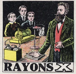 エーテル（物質）。ドイツの物理学者レントゲン（Wilhem Conrad Roentgen, Rontgen, 1845-1923）が発見したX線。1925年の匿名のイラスト。個人蔵。