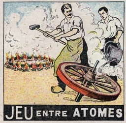 エーテル（物質）：原子の間の遊び。車輪を作るチャロン。1925年の匿名のイラスト。個人蔵。