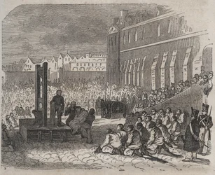 ジョセフ・ボルドレによるブレストのバーニュでの処刑。ピエール・ザッコーネ（1817-1895）の『Histoire des bagnes depuis leur création à nos jours』（1877年）に掲載されている版画（Colonia Penale - Penal colony）。プライベートコレクション