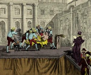 死刑執行人サンソンが、1786年の王妃の首飾り事件で有罪判決を受けた、コンテス・ド・ラ・モットとして知られるジャンヌ・ド・ヴァロワ・サン・レミ（ヴァロワ・サン・レミ）（1756-1791）に烙印を押す、版画、個人蔵