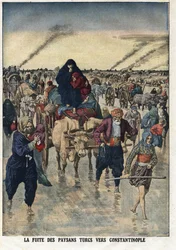 第一次バルカン戦争：トルコ農民のコンスタンティノープルへの逃避行。イラストは "Le Petite Journal" 24/11/1912より引用 個人蔵