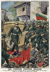 第一次バルカン戦争（バルカン）。ブルガリアの皇帝フェルディナンド1世（1861-1948）は、ムスタファ・パシャ（Mustapha Pasha）、現在のフェルディナンドヴォで、自軍が征服した外国の土地を行進し、敵の武器やペナントをピエタしている」イラストは "The Little Journal "より