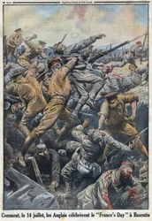 第一次世界大戦1914-1918（大戦14-18）。1916年7月13日、14日に行われたBattle of Crete Bazentinでイギリス軍がドイツ軍に対抗した。1916年8月6日付「Le Petite Journal」にて。個人蔵