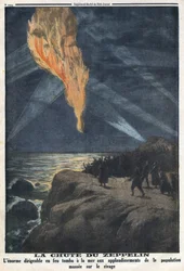 第一次世界大戦1914-1918（第14次世界大戦-第18次世界大戦）。イギリスへの空襲から帰還した燃えるドイツ軍のツェッペリンを落下させる。1916年12月17日の "Le Petite Journal "にて。個人蔵