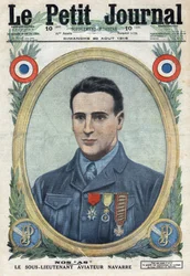 第一次世界大戦1914-1918（第14-18次大戦）。ジャン・ナヴァール（1895-1919）フランス軍の飛行士の肖像。"Le Petité Journal "にて
