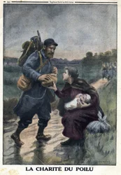 第一次世界大戦1914-1918（戦争14-18）。毛むくじゃらの慈愛：小道を行くフランス兵が、赤ん坊を抱えて一人でいる女性にパンを差し出すために立ち止まる。1916年9月1日の "Le Petite Journal "にて。個人蔵