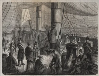 1851年12月8日の政令に基づく、トゥーロンからカイエンヌ（ガイアナ）への第一次輸送隊。ピエール・ザッコーネ（1817-1895）の「Histoire des bagnes depuis leur création à nos jours」（1877年）に掲載されている版画（コロニア・ペナーレ-刑罰植民地）。個人蔵。