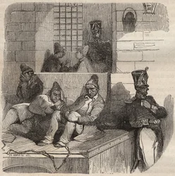 19世紀、ロシュフォールのバッグンで休息するフォルカ。ピエール・ザッコーネ（1817-1895）の「Histoire des bagnes depuis leur création à nos jours」（1877年）に掲載されている版画（コロニア・ペナーレ＝流刑地）。