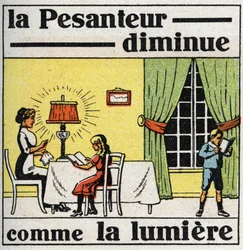 重力：二乗の法則。重力は光のように減少する。1925年の匿名のイラスト。個人蔵。