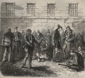 19世紀のトゥーロン・バグーンの病人部隊。ピエール・ザッコーネ（1817-1895）の「Histoire des bagnes depuis leur création à nos jours」（1877年）に掲載されている版画（Colonia Penale - Penal colony）。個人蔵。