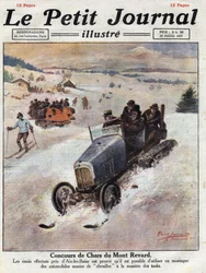 山岳地帯での車の技術革新、脱線を防ぐために車輪にトラックを置く。イラストは1921年2月27日の "Le petit journal "からの引用。個人蔵