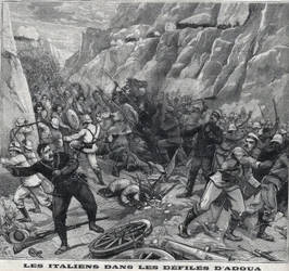 エチオピアでアドゥア族と戦うイタリア人。"Le Peute Parisien "に掲載された版画