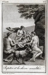 ヤギのアマルテーに食べさせられたジュピターの子供。Charles Albert Demoustier (1760-1801)の「Lettres a Emilie sur la mythologie」の1819年の版画。個人蔵。
