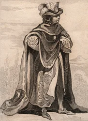 アザミの聖母騎士団の騎士。1859年の「Le Monde」に掲載された版画。M. E. de Lostalot-Bachoue (Lostalot Bachoue)による「最も遠い時代から現代までの全民族の歴史」。個人蔵。