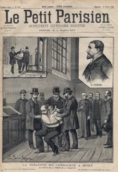 La Toilette du convicne a death (Deibler) at the registry of the prison de la Roquette - 1891年の "Le petit Parisien "のエングレーヴィング。個人蔵。