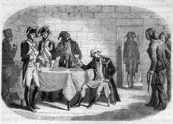 ライン・ヴァール軍総司令官アルマン・ルイ・ド・ゴントー・ド・ビロン公爵の最後の瞬間（1793年没） - アルフォンス・ド・ラマルティーヌ（1790-1869）の「ジロンダンの歴史」に掲載されたエングレーヴィング（1865-1866）。個人コレクション