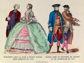 左：大きな籠のドレスを着たエレガンテ（1760年のモンダン・アッブ）／右。1760年、狩猟服と散歩服を着た若者たち（ルイ15世の摂政） - 個人蔵