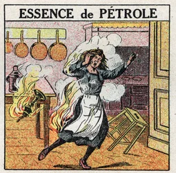 光源：オイル・ガソリンを使ってランプを操作していた女性が火事になりました。1925年の匿名のイラスト。個人蔵。