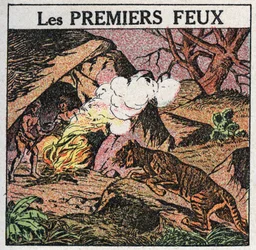 光源：先史時代の人間の最初の焚き火。1925年の匿名のイラスト。個人蔵。