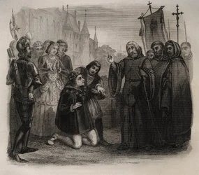 フランソワ・ド・ポウル（1416-1507）に銃殺を求めるルイ11世（1423-1483） 1846年の「聖人の生涯」のエングレーヴィング。個人蔵。