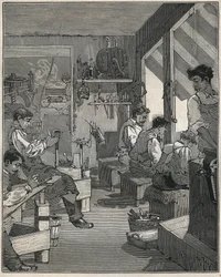 19世紀のフランスの工房での櫛の製造風景。Adolphe BITARDの "Les arts et metiers illustres "に掲載された1885年のエングレーヴィング。