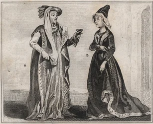 フランス王妃マリー・ダンジュー（1404～1463年）とブルゴーニュ公フィリップ3世（1396～1467年）-1859年の「ル・モンド」に掲載された版画。M. E. de Lostalot-Bachoueによる「最も遠い時代から現代までのすべての民族の歴史」に掲載された1859年の版画。個人のコレクション。