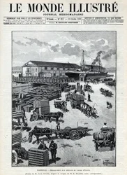 海上貿易：マルセイユ港にエジプトからウズラが到着したことを吠える。新聞。1892年の "Le monde illustree "に掲載されたエングレーヴィング。個人蔵。