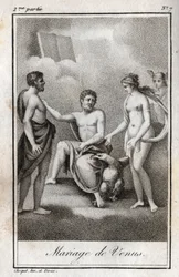 火星と金星の結婚。シャルル・アルバート・ドゥムスティエ（1760-1801）の『Lettres a Emilie sur la mythologie』に掲載された1819年のエングレーヴィング。個人蔵。