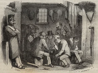 19世紀のロシュフォールのバッグンでのフォルキャットの食事。ピエール・ザッコーネ（1817-1895）の「Histoire des bagnes depuis leur création à nos jours」（1877年）に掲載されたエングレーヴィング（Colonia Penale - Penal colony）。個人蔵。