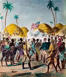 1871年11月10日、ジャーナリストのヘンリー・モートン・スタンレー（1841-1904）と、イギリスの医師であり探検家でもあったデイヴィッド・リヴィングストン（1813-1873）のタンザニアでの出会い。19世紀のエングレーヴィング 個人蔵