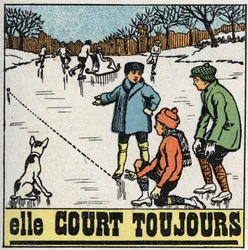 動き：冬の池の凍った氷の上でボール遊びをする子供たち。1925年の匿名のイラスト。個人蔵。