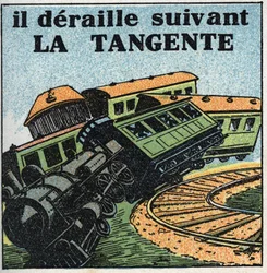 動き：タンジェント。電車の脱線事故。1925年の匿名のイラスト。個人蔵。