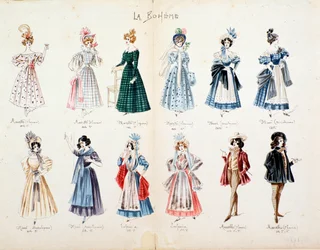 プッチーニのオペラ「ラ・ボエーム」の登場人物であるミュゼット、マルチェロ、ミミ。