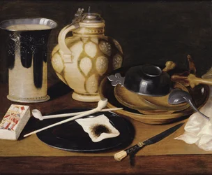 "Nature morte a la pipe, au roi de carreau, couteau et pichet" （パイプ、ダイヤモンドの王、ナイフ、水差しのある静物） Peinture anonyme vers 1650 木に油彩、Dim 52x64 cm Private Collection