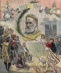 フランスの詩人・作家であるヴィクトル・ユーゴー（1802-1885）の生誕100周年を記念して、「Le petit journal」の1冊が作られました。彼の小説の登場人物（エスメラルダ、カシモド、コゼット）が描かれています。02-03-1902 個人蔵